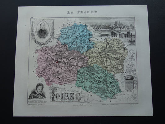 Oude kaart van Loiret departement in Frankrijk uit 1882 originele antieke landkaart Orleans vintage historische kaarten