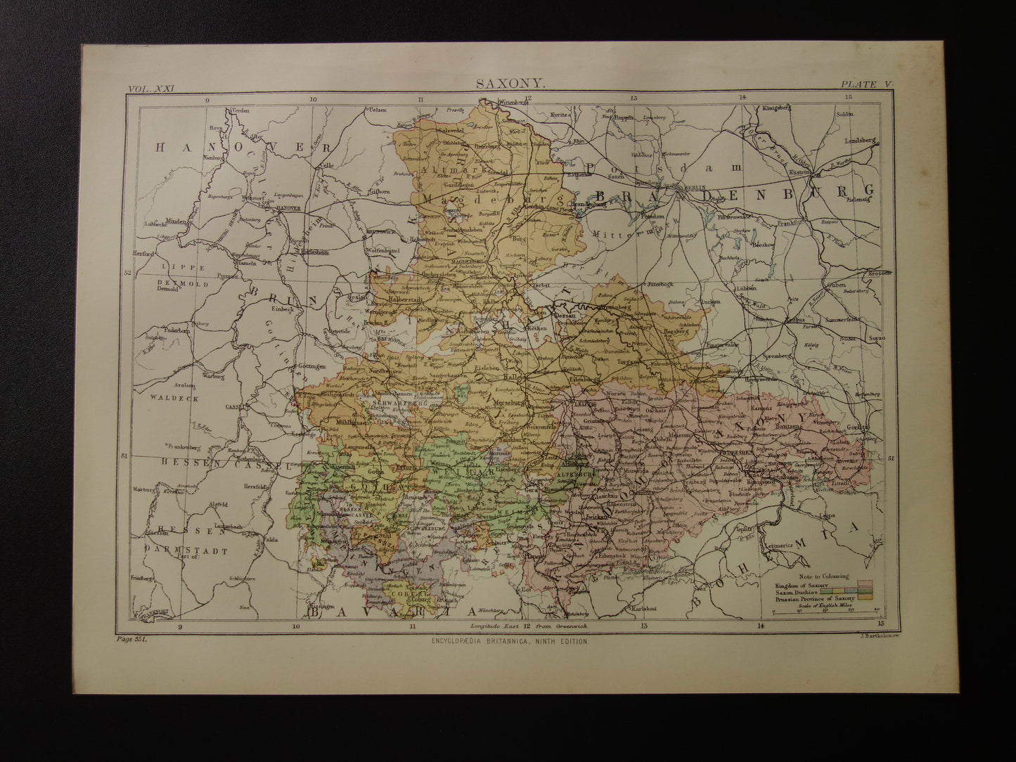 SAKSEN oude kaart van koninkrijk Saksen Duitsland 1886 originele antieke Engelse landkaart Dresden Halle Leipzig