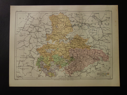 SAKSEN oude kaart van koninkrijk Saksen Duitsland 1886 originele antieke Engelse landkaart Dresden Halle Leipzig