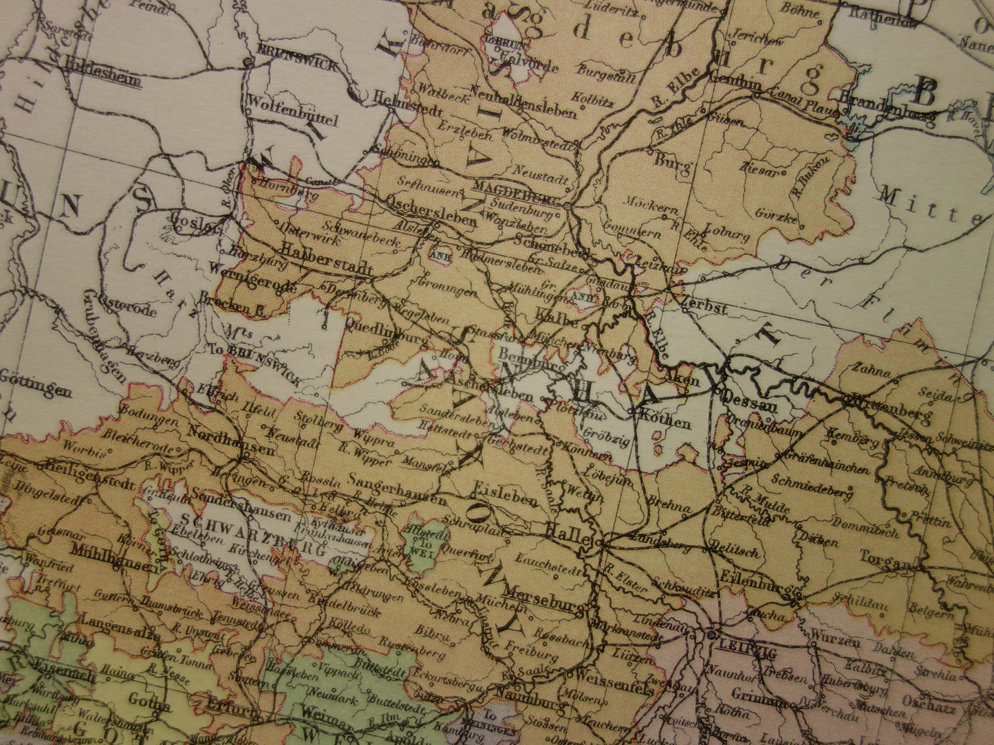 SAKSEN oude kaart van koninkrijk Saksen Duitsland 1886 originele antieke Engelse landkaart Dresden Halle Leipzig