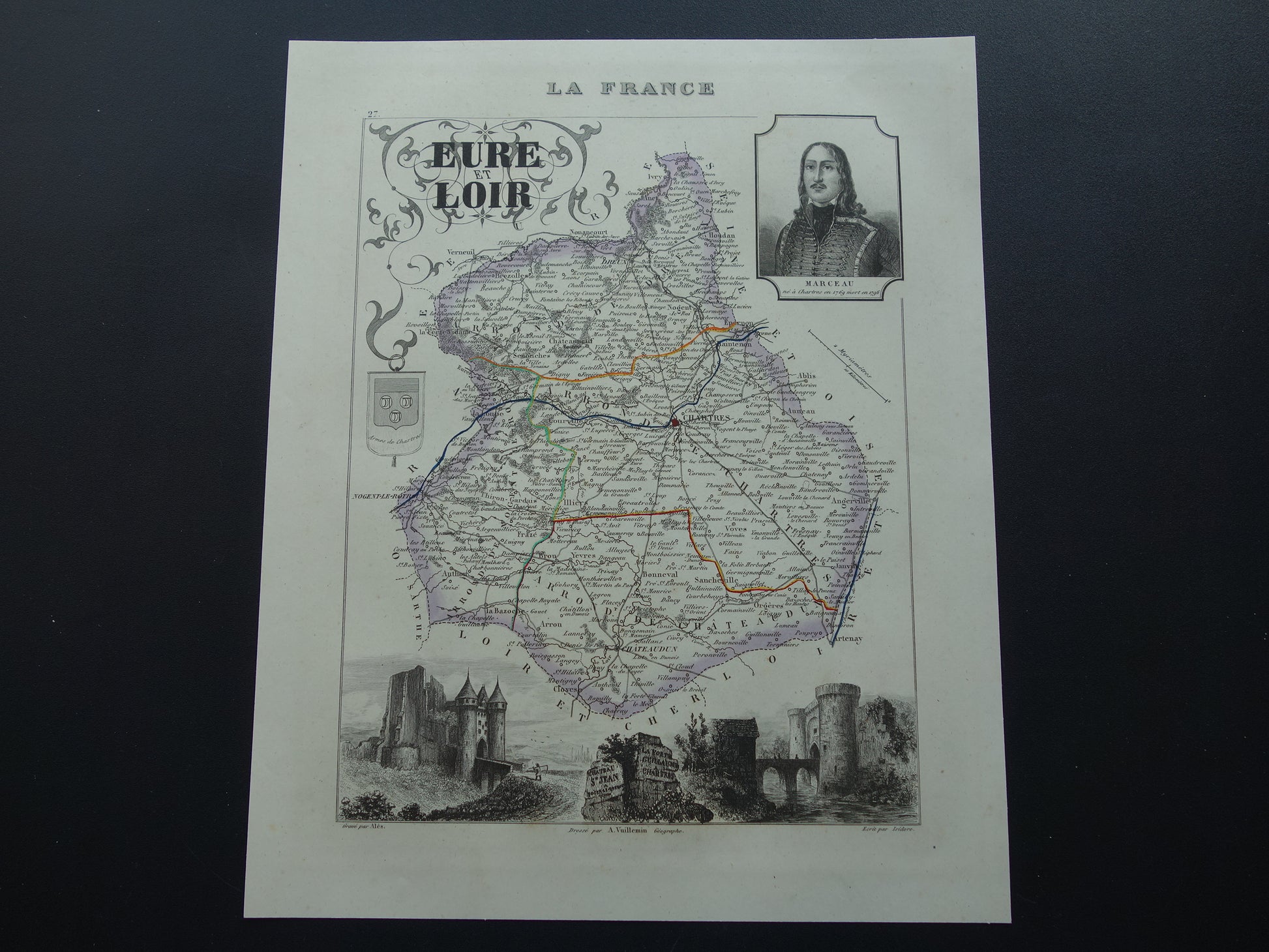 Oude kaart van Eure et Loir departement in Frankrijk uit 1851 originele antieke landkaart Chartres Chateau Saint Jean Nogent-le-Rotrou historische kaarten