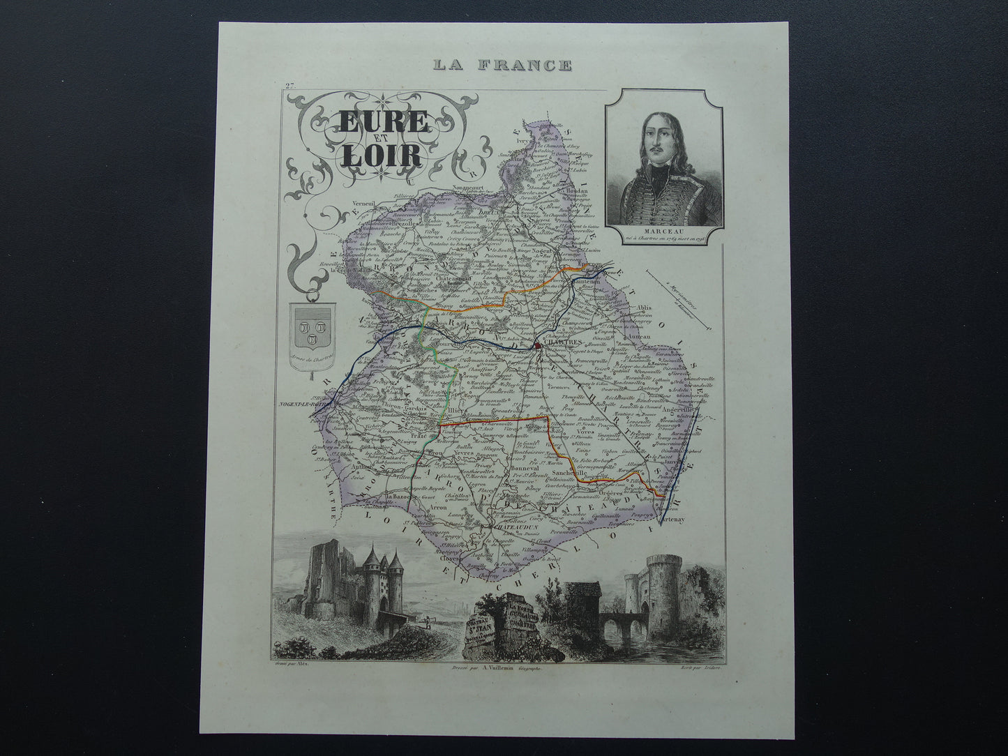 Old map of Eure et Loir department in France from 1851 original antique map Chartres Chateau Saint Jean Nogent-le-Rotrou historical maps