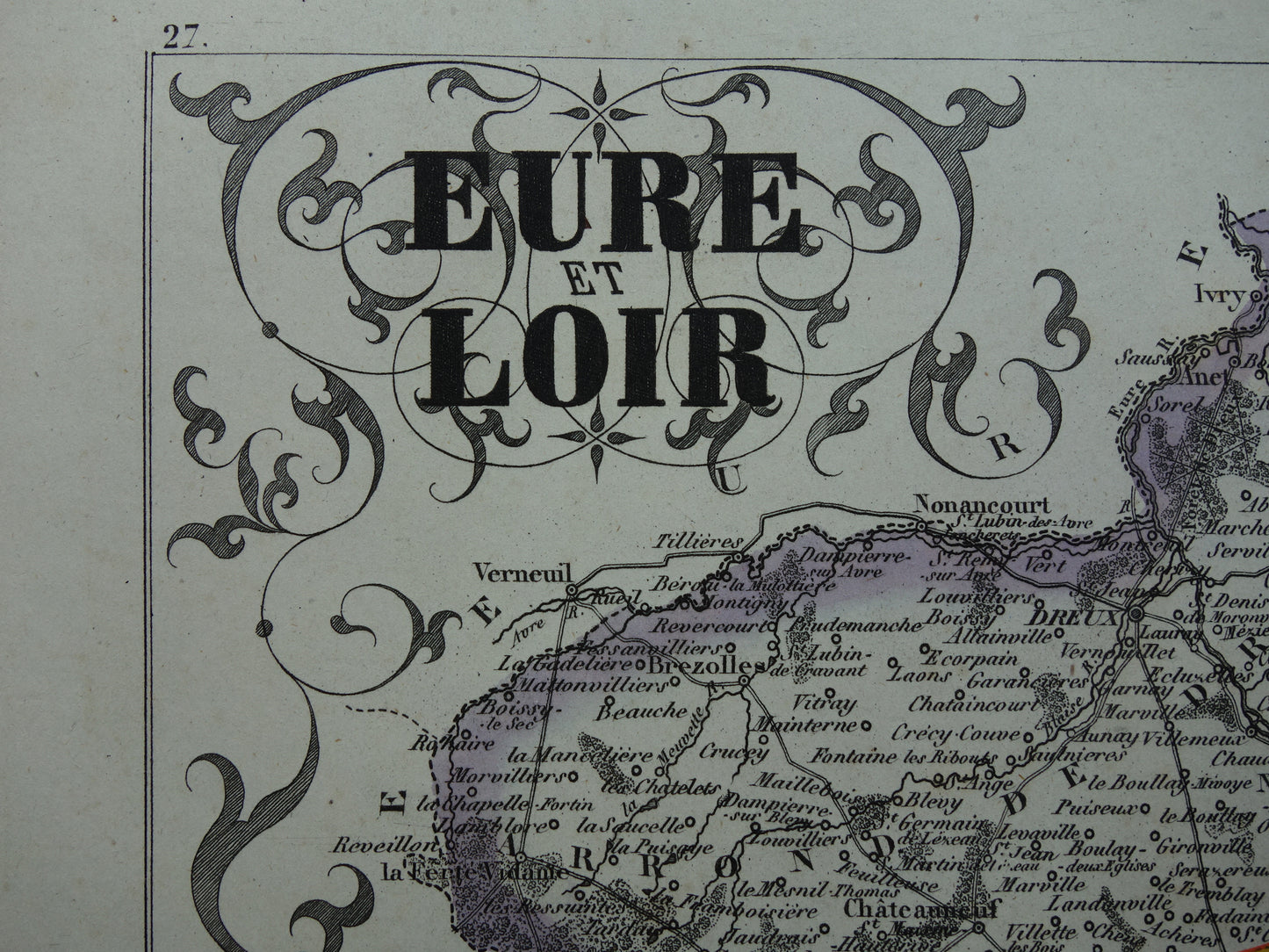 Old map of Eure et Loir department in France from 1851 original antique map Chartres Chateau Saint Jean Nogent-le-Rotrou historical maps