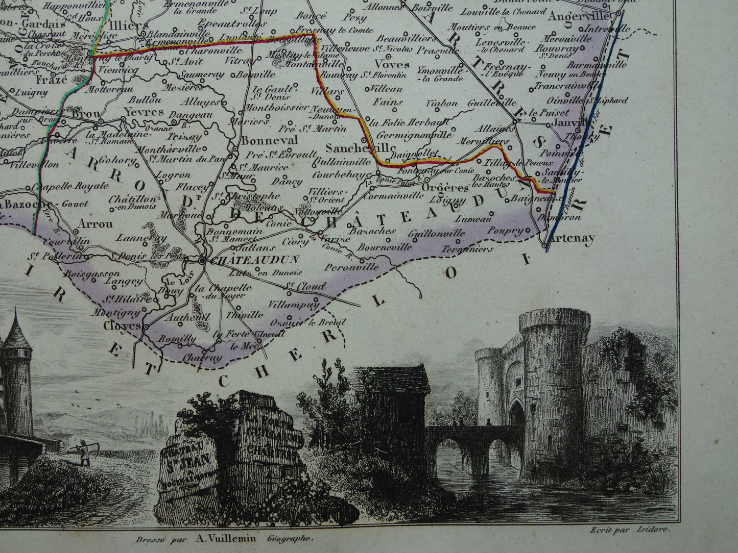 Old map of Eure et Loir department in France from 1851 original antique map Chartres Chateau Saint Jean Nogent-le-Rotrou historical maps