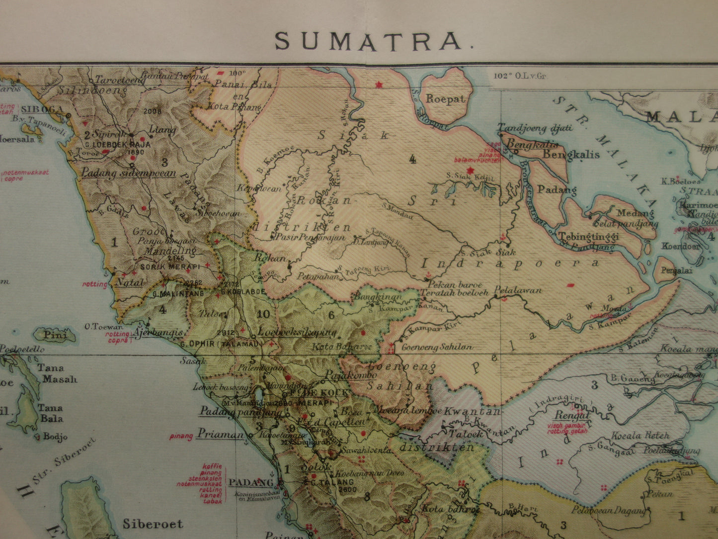 SUMATRA old Dutch map of Sumatra Indonesia from 1910 with Palembang Padang Medan original antique map