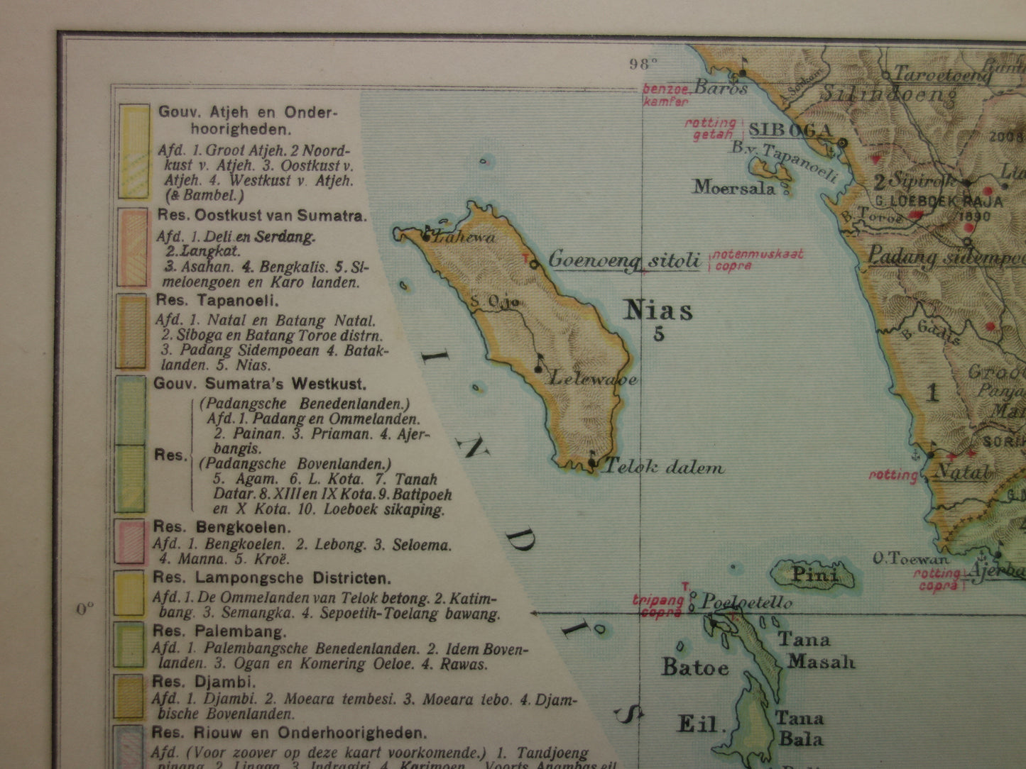 SUMATRA old Dutch map of Sumatra Indonesia from 1910 with Palembang Padang Medan original antique map