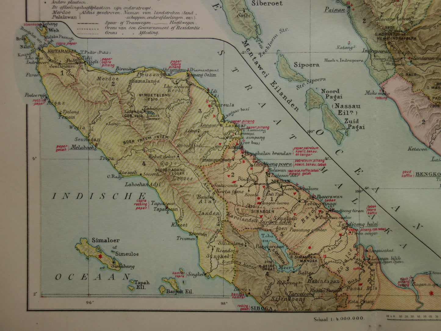 SUMATRA old Dutch map of Sumatra Indonesia from 1910 with Palembang Padang Medan original antique map