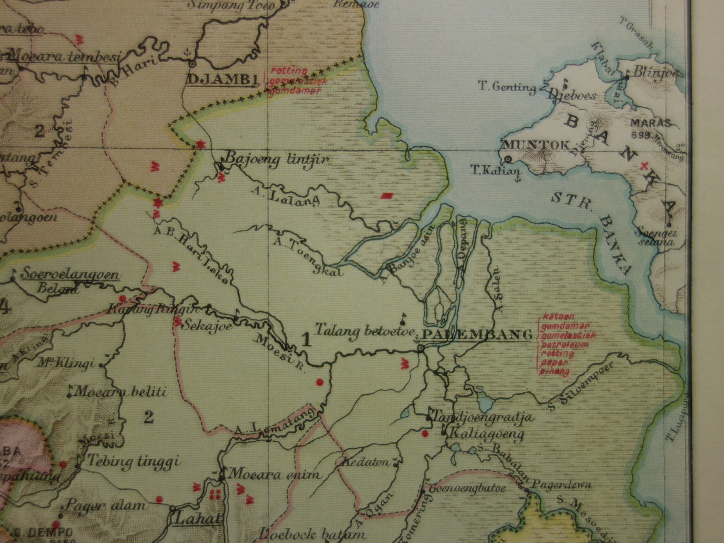 SUMATRA old Dutch map of Sumatra Indonesia from 1910 with Palembang Padang Medan original antique map