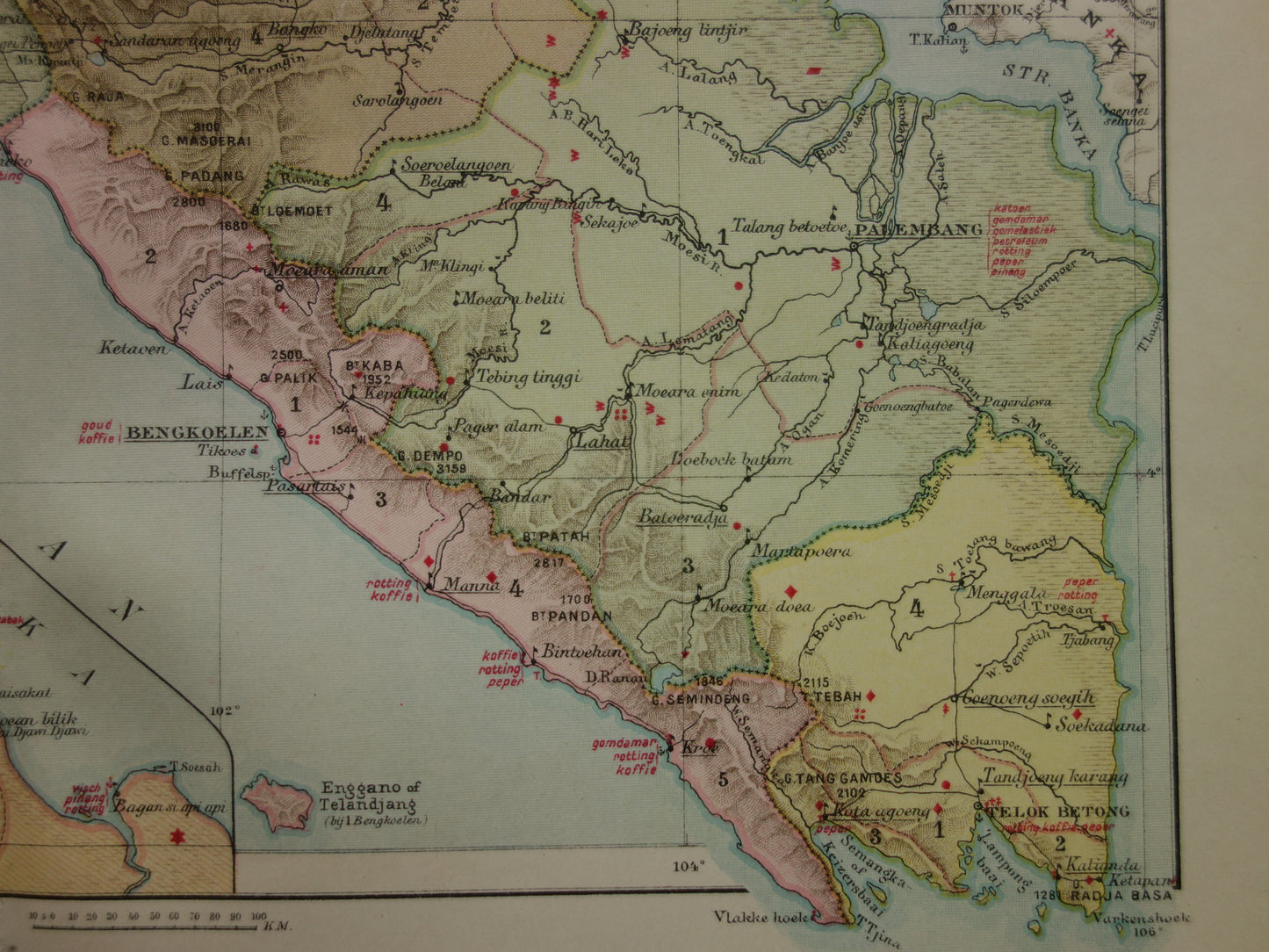 SUMATRA old Dutch map of Sumatra Indonesia from 1910 with Palembang Padang Medan original antique map