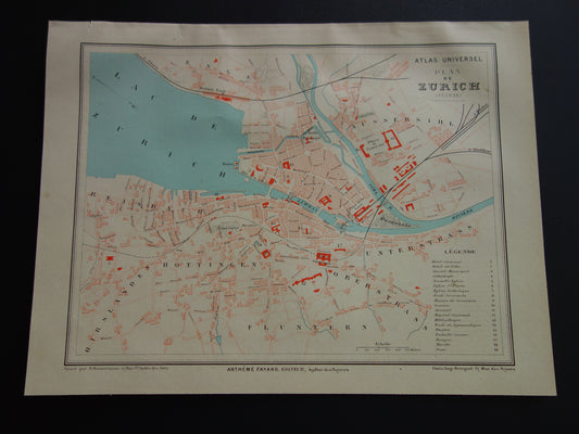 Zürich oude kaart van Zürich Zwitserland uit 1877 originele antieke Franse plattegrond