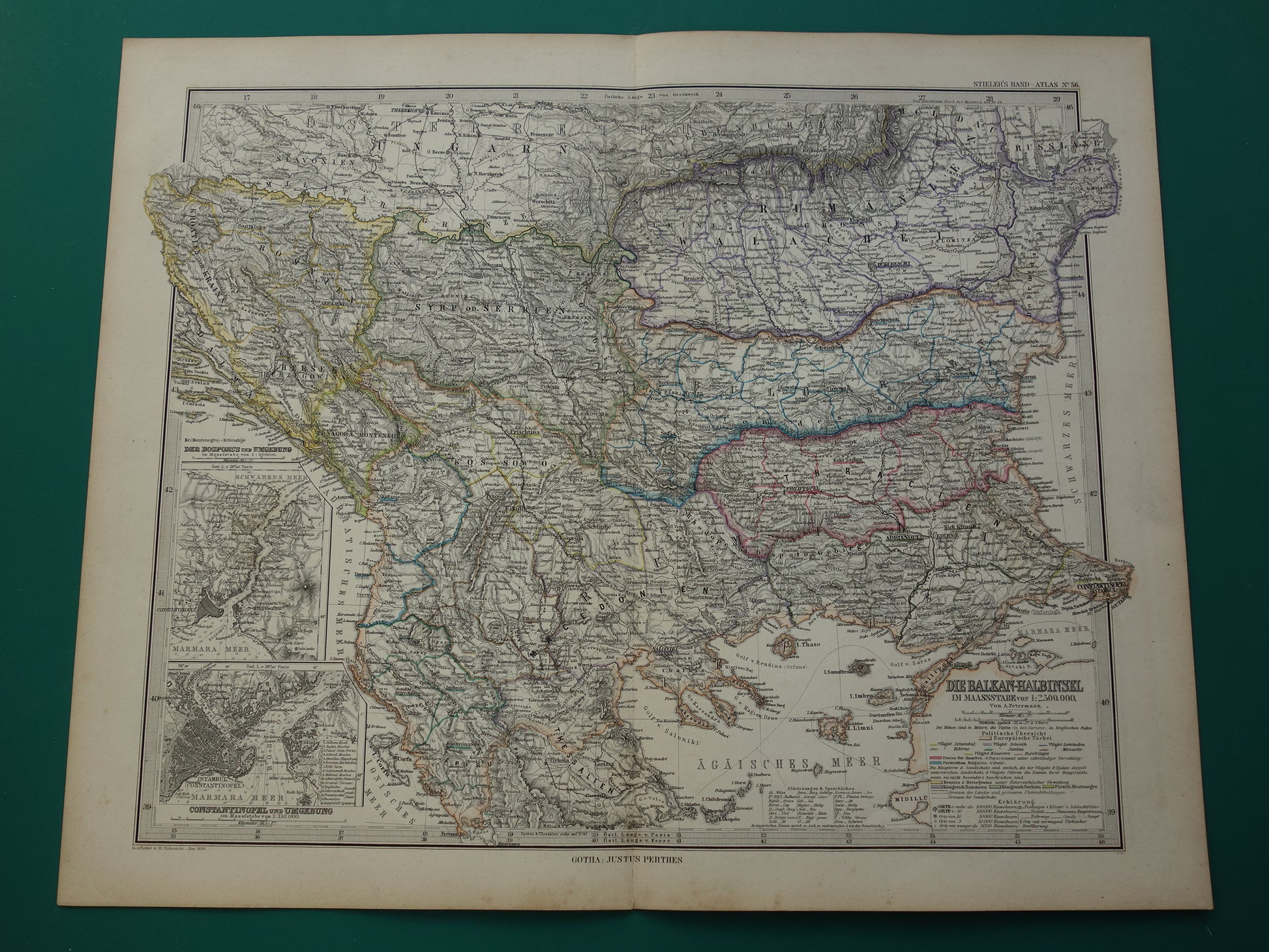 Antieke kaart van de Balkan uit 1886 originele vintage landkaart Bosnië Koninkrijk Servië Roemenië Bulgarije vorstendom Walachije Montenegro