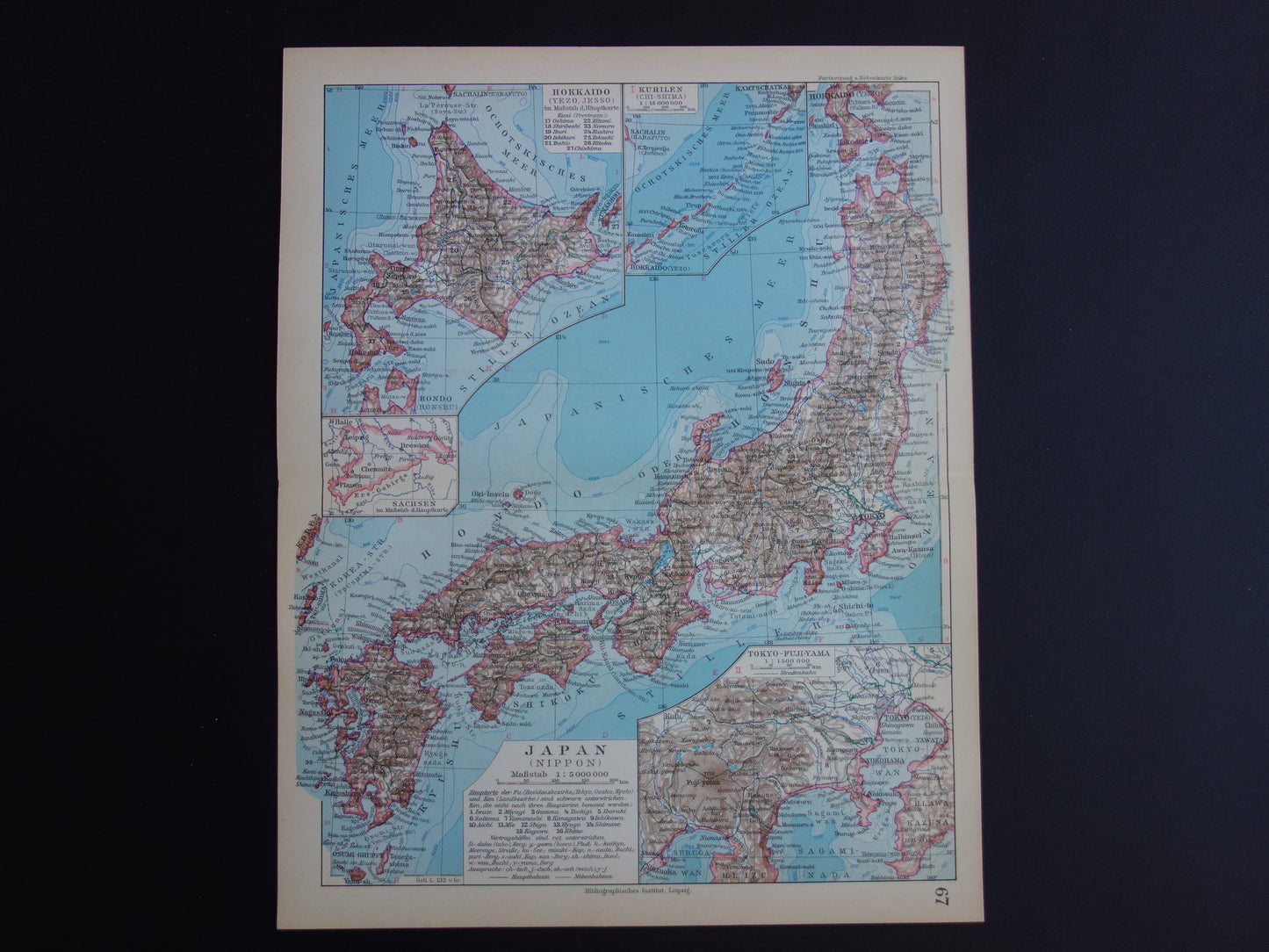 JAPAN oude gedetailleerde kaart van Japan uit 1928 originele vintage landkaart Tokio Koerilen Hokkaido
