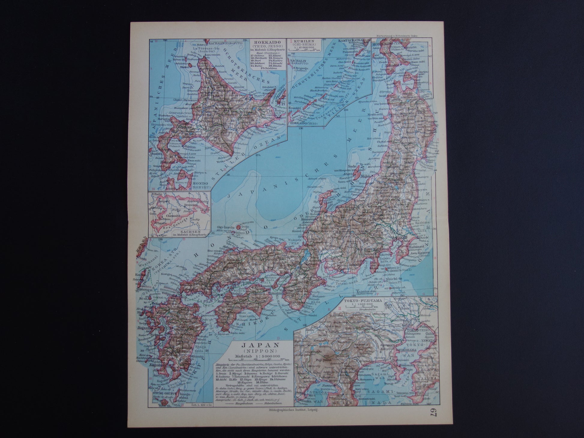 JAPAN oude gedetailleerde kaart van Japan uit 1928 originele vintage landkaart Tokio Koerilen Hokkaido