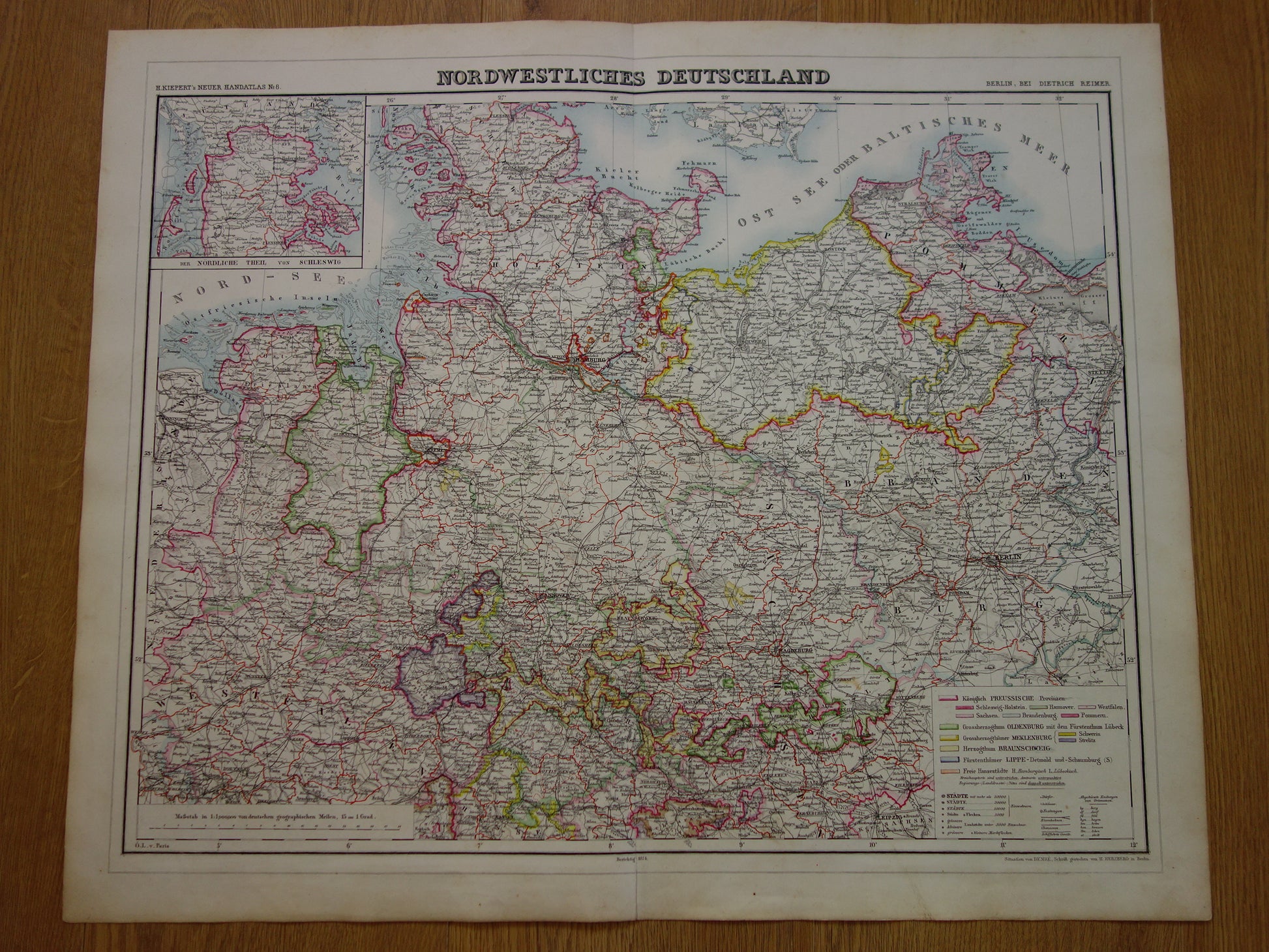 DUITSLAND Grote oude landkaart van noord Duitsland in 1874 originele antieke kaart Berlijn Hamburg Bremen met jaartal te koop