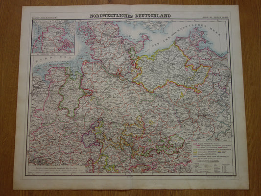 DUITSLAND Grote oude landkaart van noord Duitsland in 1874 originele antieke kaart Berlijn Hamburg Bremen met jaartal te koop