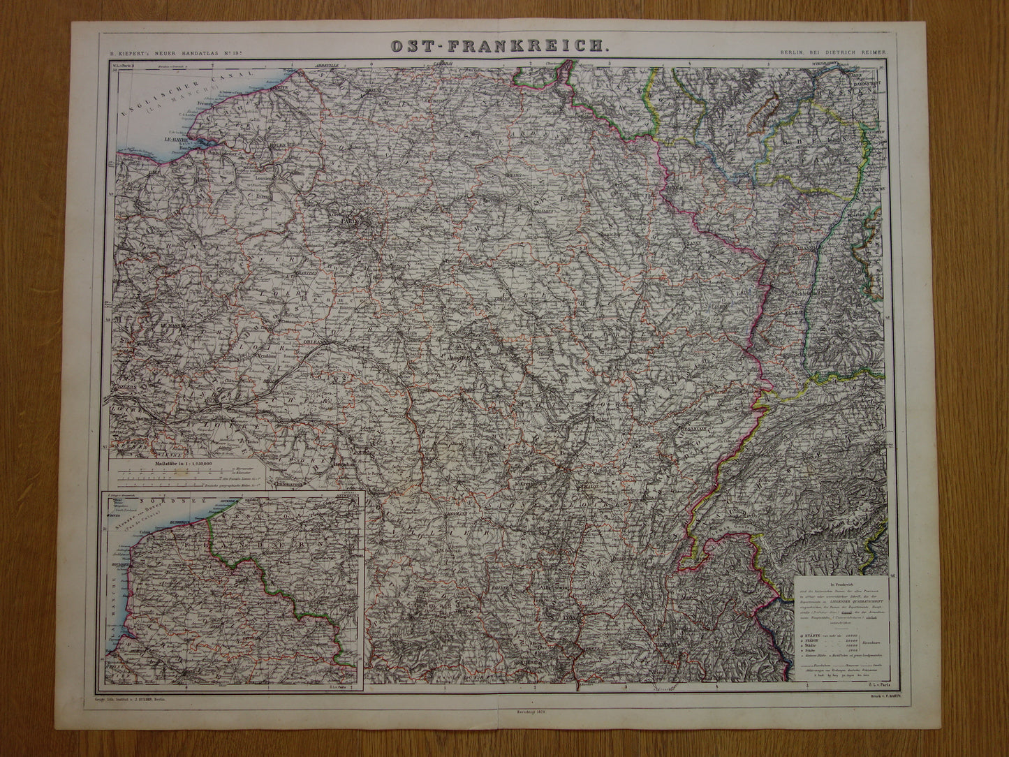 FRANKRIJK oude kaart van Oost-Frankrijk in 1874 Grote antieke landkaart Parijs Metz Reims Elzas-Lotharingen met jaartal - vintage poster 1874