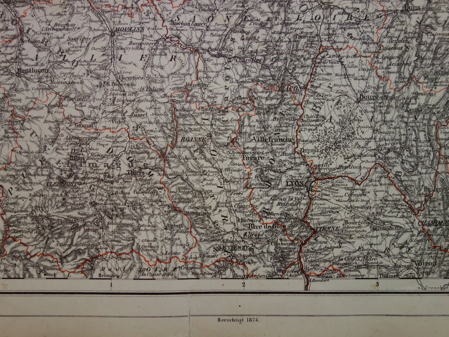 FRANKRIJK oude kaart van Oost-Frankrijk in 1874 Grote antieke landkaart Parijs Metz Reims Elzas-Lotharingen met jaartal - vintage poster 1874