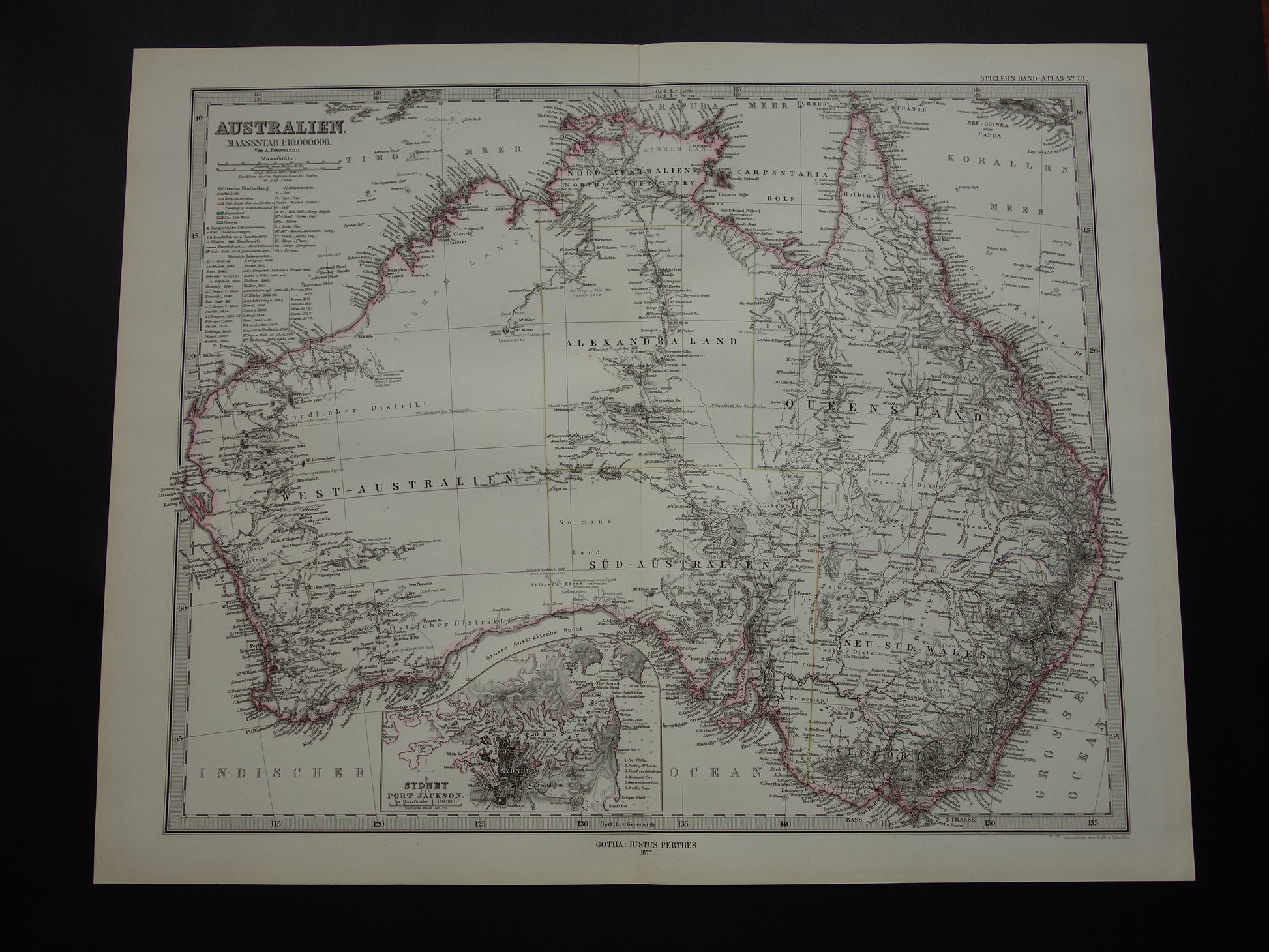 Vintage landkaart van Australië uit 1877 originele oude antieke kaart Sydney Melbourne Perth historische kaarten