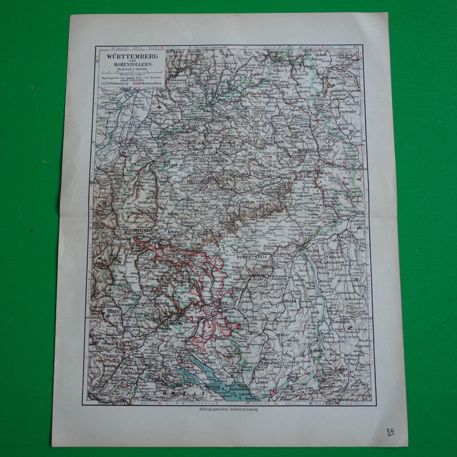 Württemberg oude kaart van Wurtenberg en Hohenzollern Duitsland 1913 originele antieke Duitse landkaart Stuttgart Karlsruhe