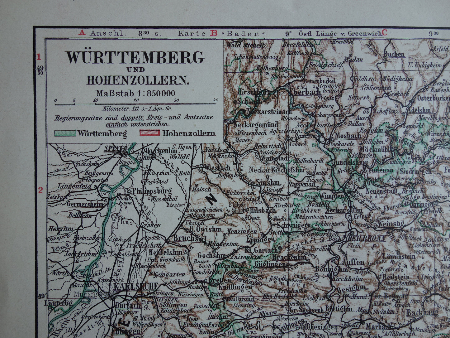 Württemberg old map of Wurtenberg and Hohenzollern Germany 1913 original antique German map Stuttgart Karlsruhe