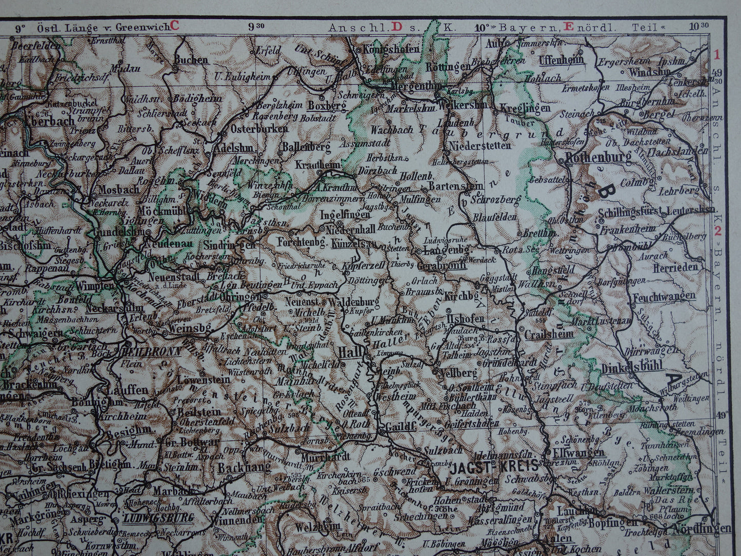 Württemberg old map of Wurtenberg and Hohenzollern Germany 1913 original antique German map Stuttgart Karlsruhe