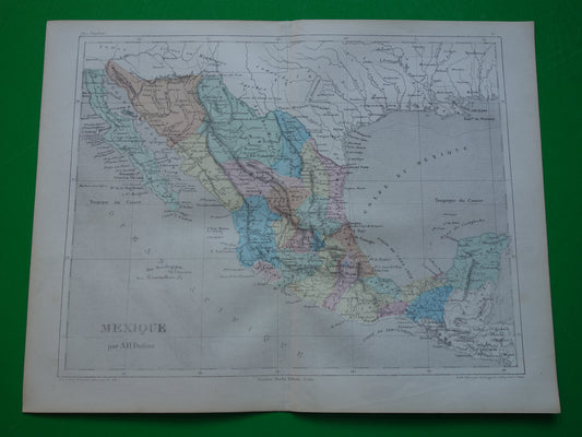 Mexico antieke Franse landkaart van Mexico 1858 originele oude handgekleurde kaart vintage kaarten
