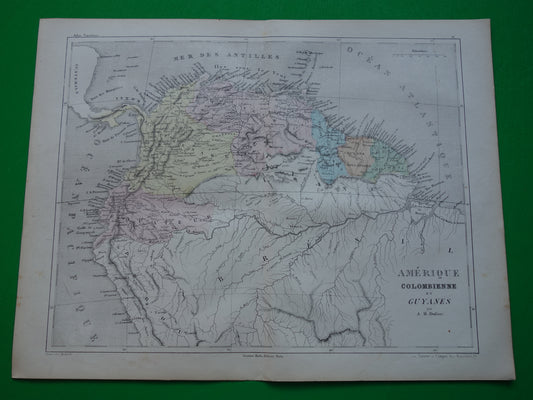 Colombia Suriname Ecuador antieke landkaart uit 1858 originele oude handgekleurde kaart Venezuela Amazone vintage kaarten