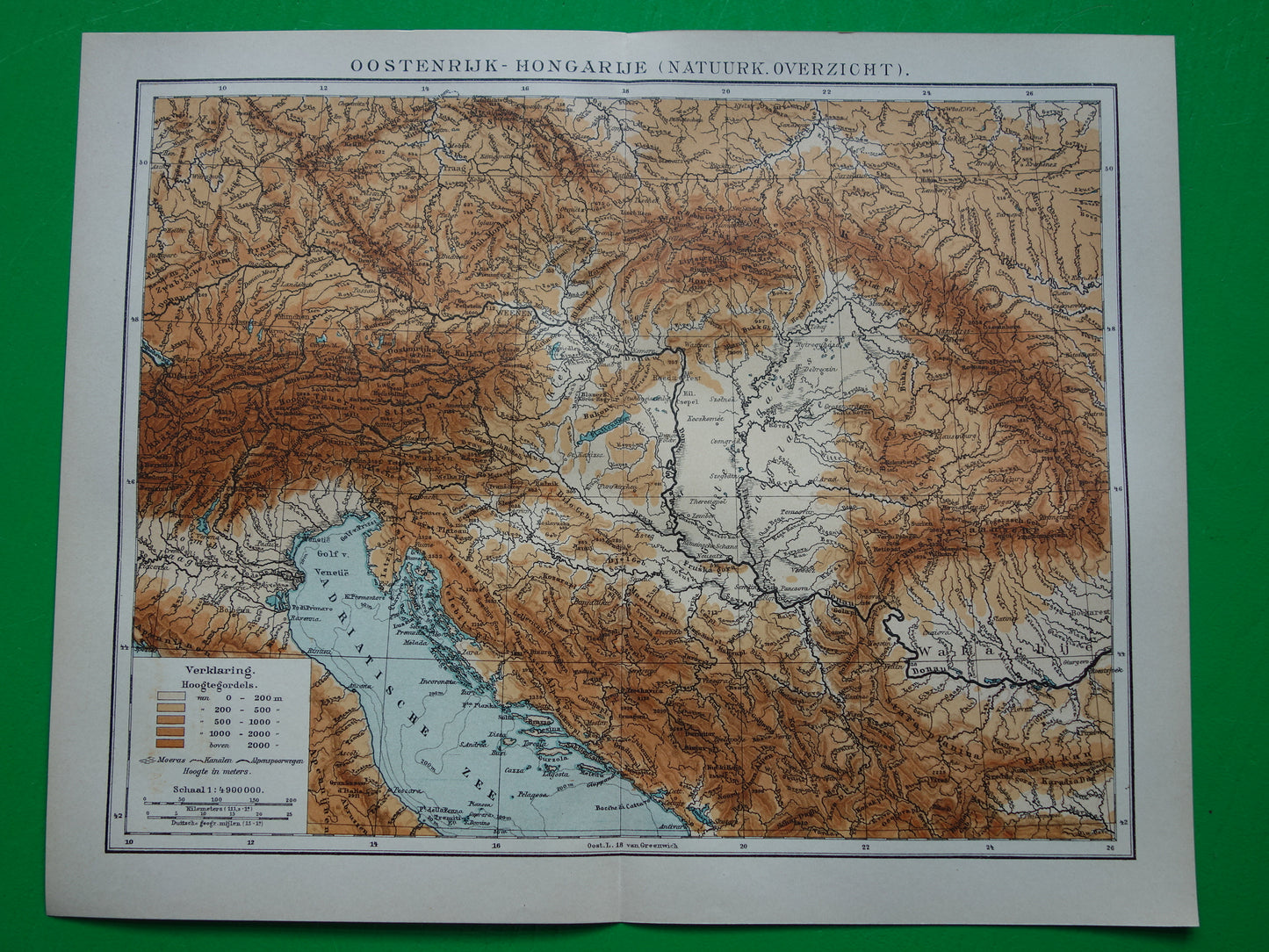 Oude kaart van de Karpaten Alpen Dinarische Alpen 1910 originele antieke Nederlanse landkaart hoogtekaart Oostenrijk Tsjechië Hongarije Roemenië