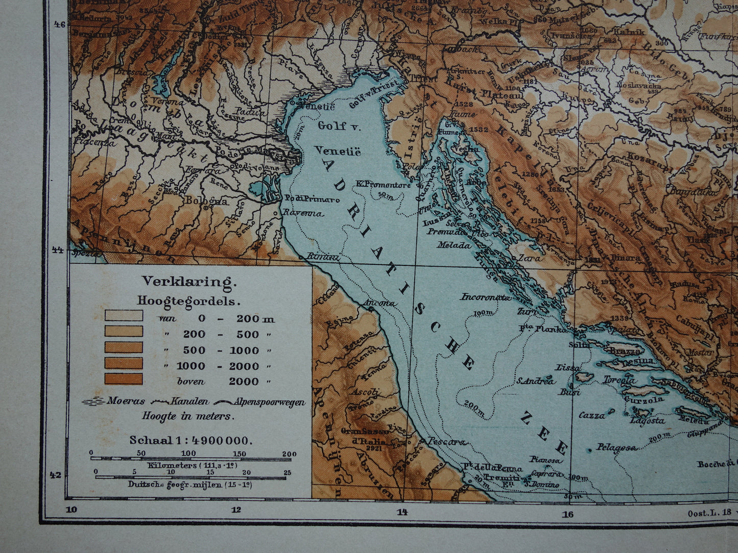 Oude kaart van de Karpaten Alpen Dinarische Alpen 1910 originele antieke Nederlanse landkaart hoogtekaart Oostenrijk Tsjechië Hongarije Roemenië