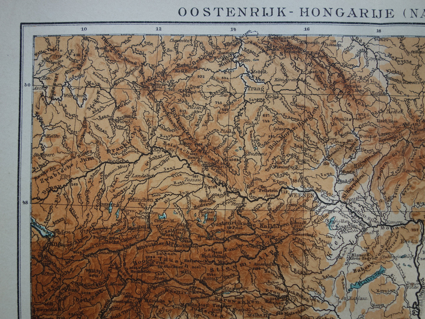 Oude kaart van de Karpaten Alpen Dinarische Alpen 1910 originele antieke Nederlanse landkaart hoogtekaart Oostenrijk Tsjechië Hongarije Roemenië