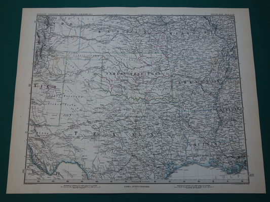 Antieke kaart van de VS uit 1884 originele oude landkaart Texas Arkansas Louisiana Missouri Kansas Oklahoma Verenigde Staten