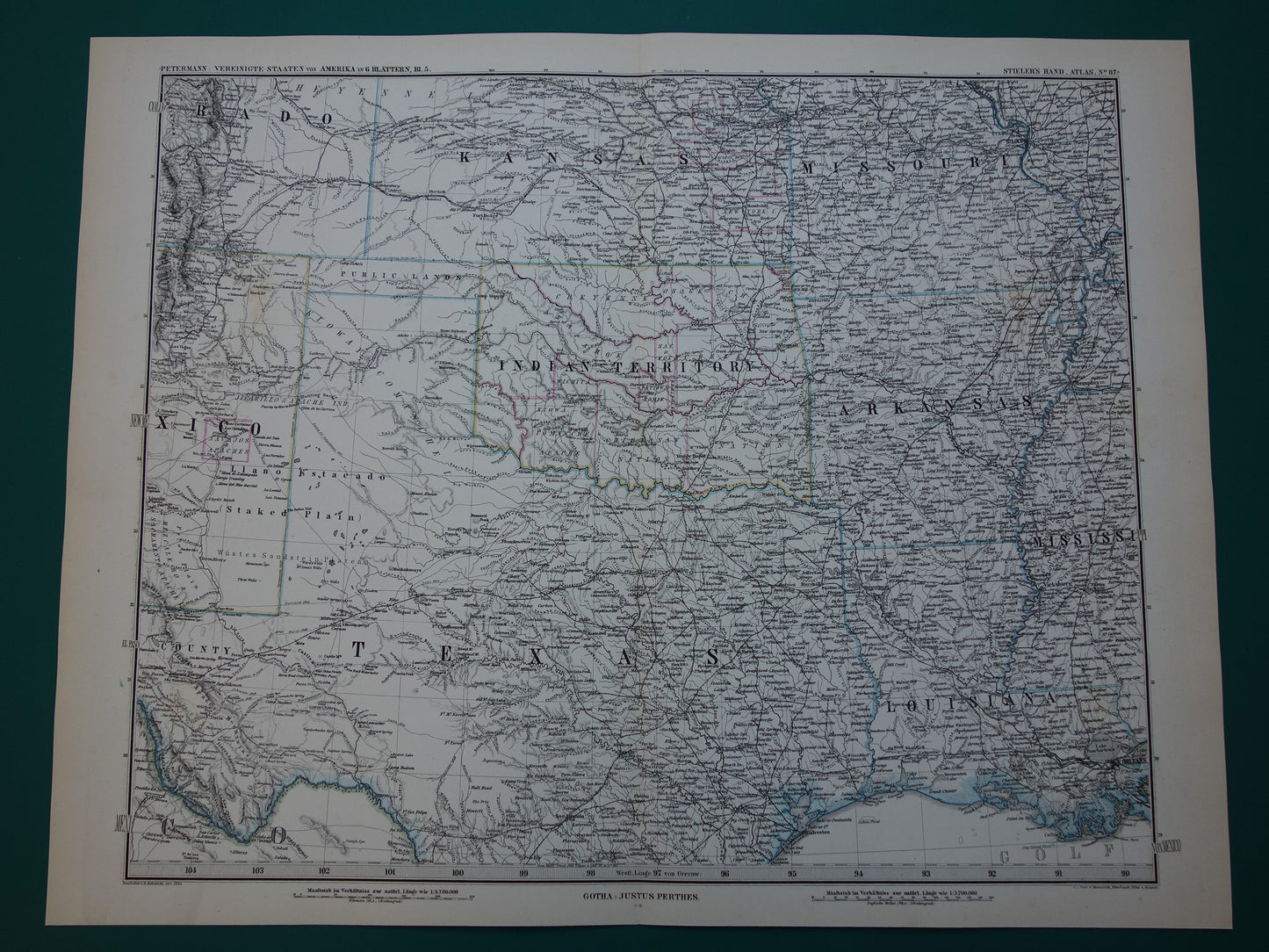 Antique map of the USA from 1884 original old map Texas Arkansas Louisiana Missouri Kansas Oklahoma United States