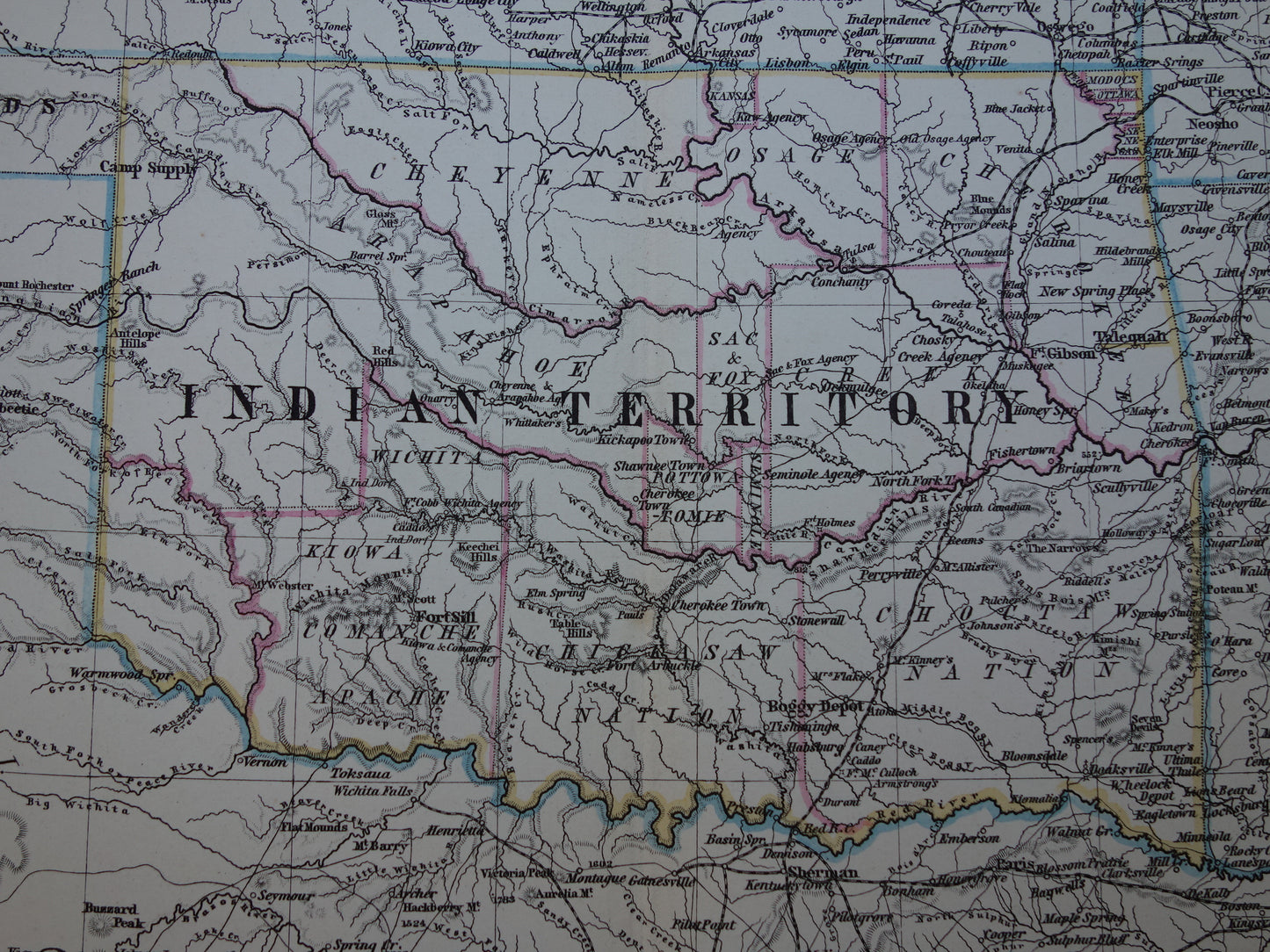 Antique map of the USA from 1884 original old map Texas Arkansas Louisiana Missouri Kansas Oklahoma United States