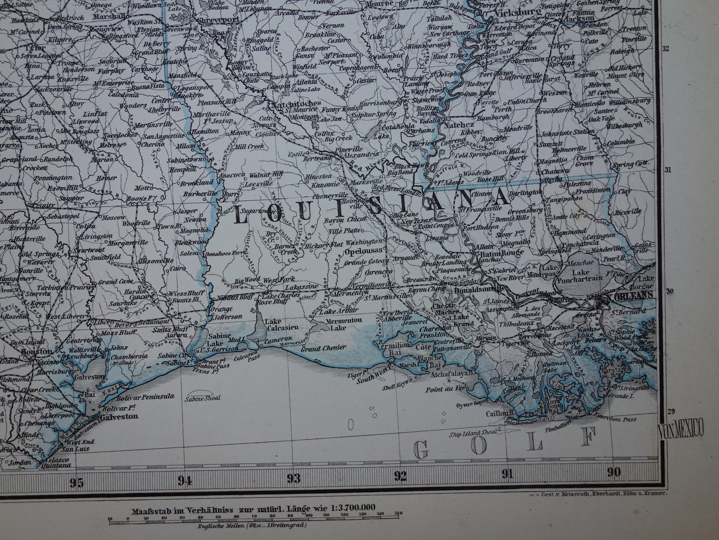 Antique map of the USA from 1884 original old map Texas Arkansas Louisiana Missouri Kansas Oklahoma United States