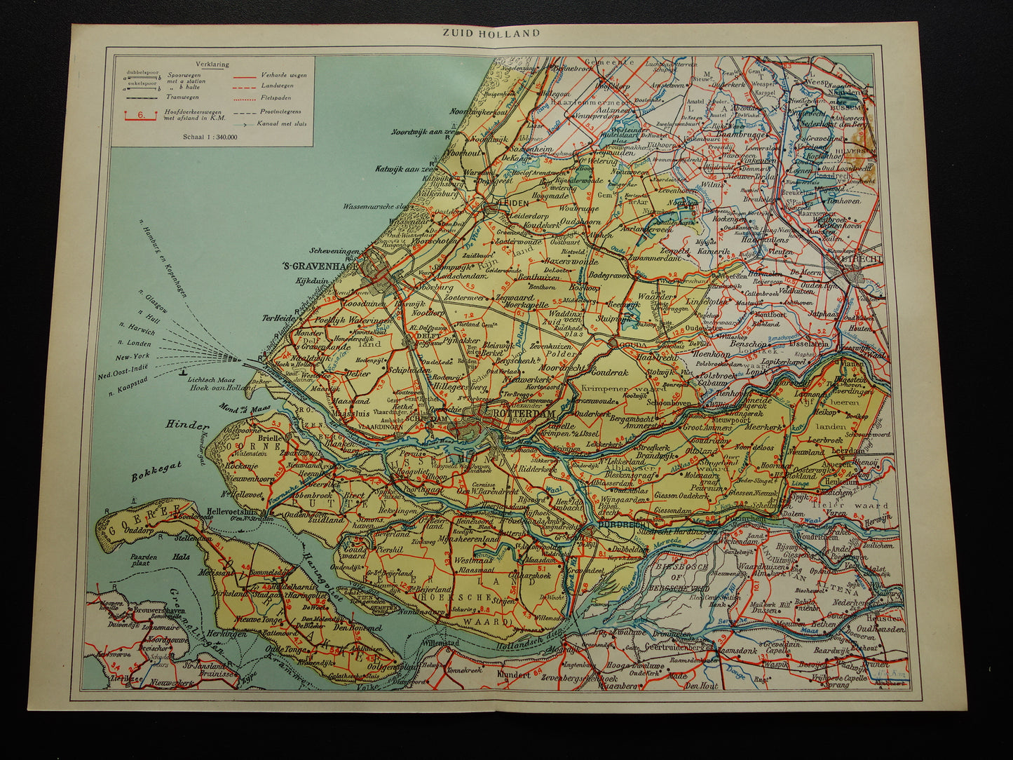 Zuid-Holland Oude landkaart van de provincie Zuid-Holland uit 1934 originele vintage historische kaart