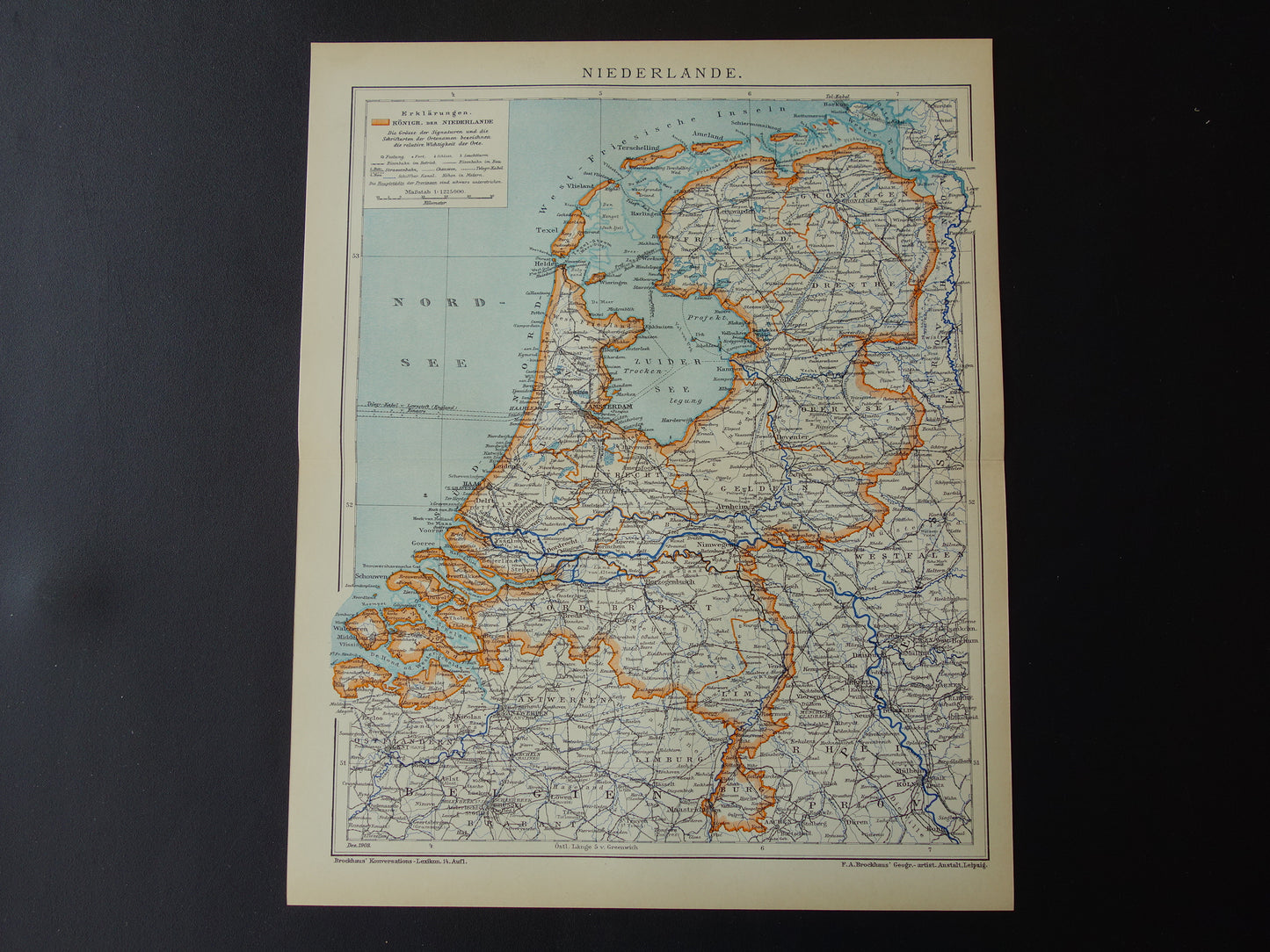 Oude kaart van Nederland in 1908 originele antieke landkaart Nederland met jaartal