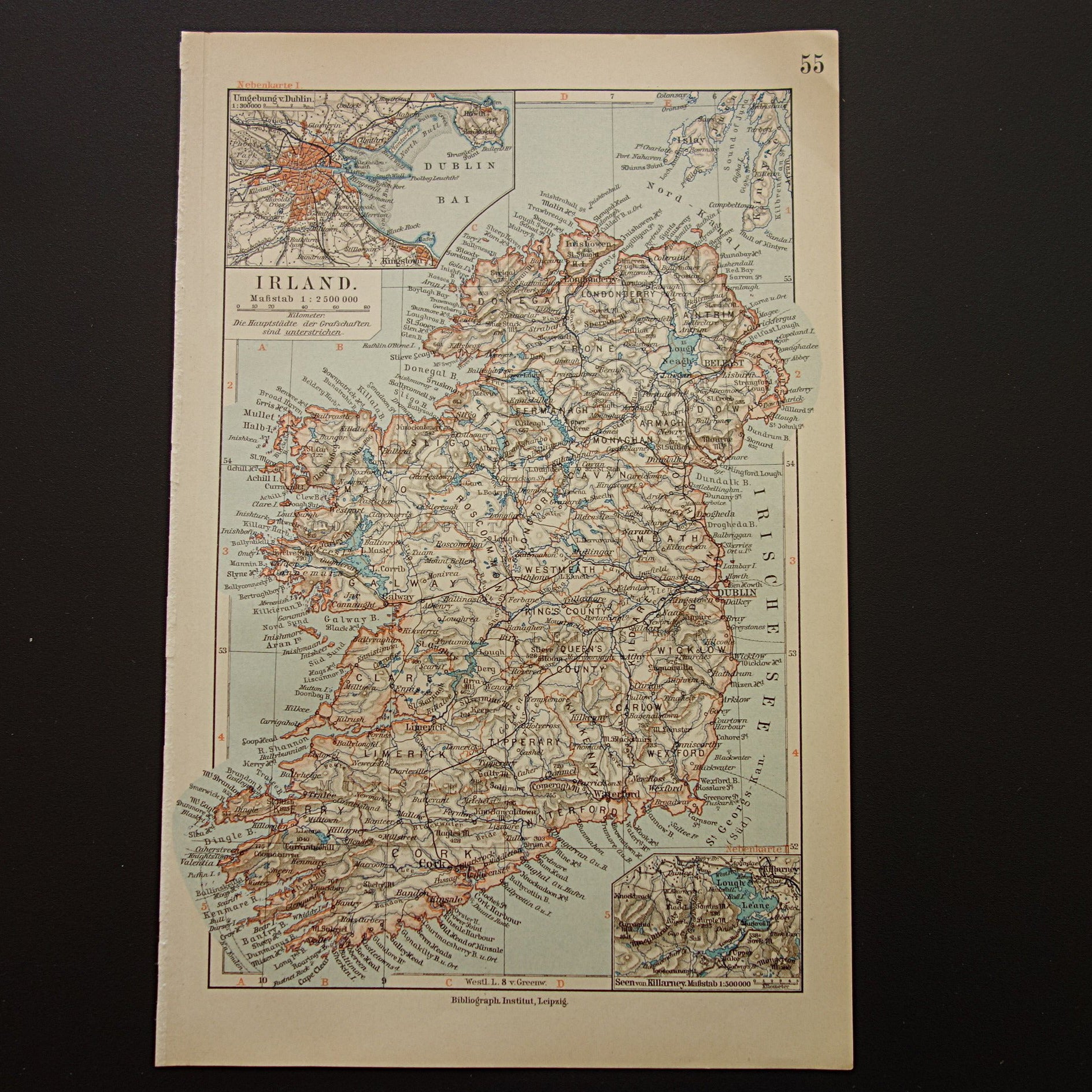 IERLAND oude kaart van Ierland 1905 originele antieke Duitse landkaart van Dublin Killarney