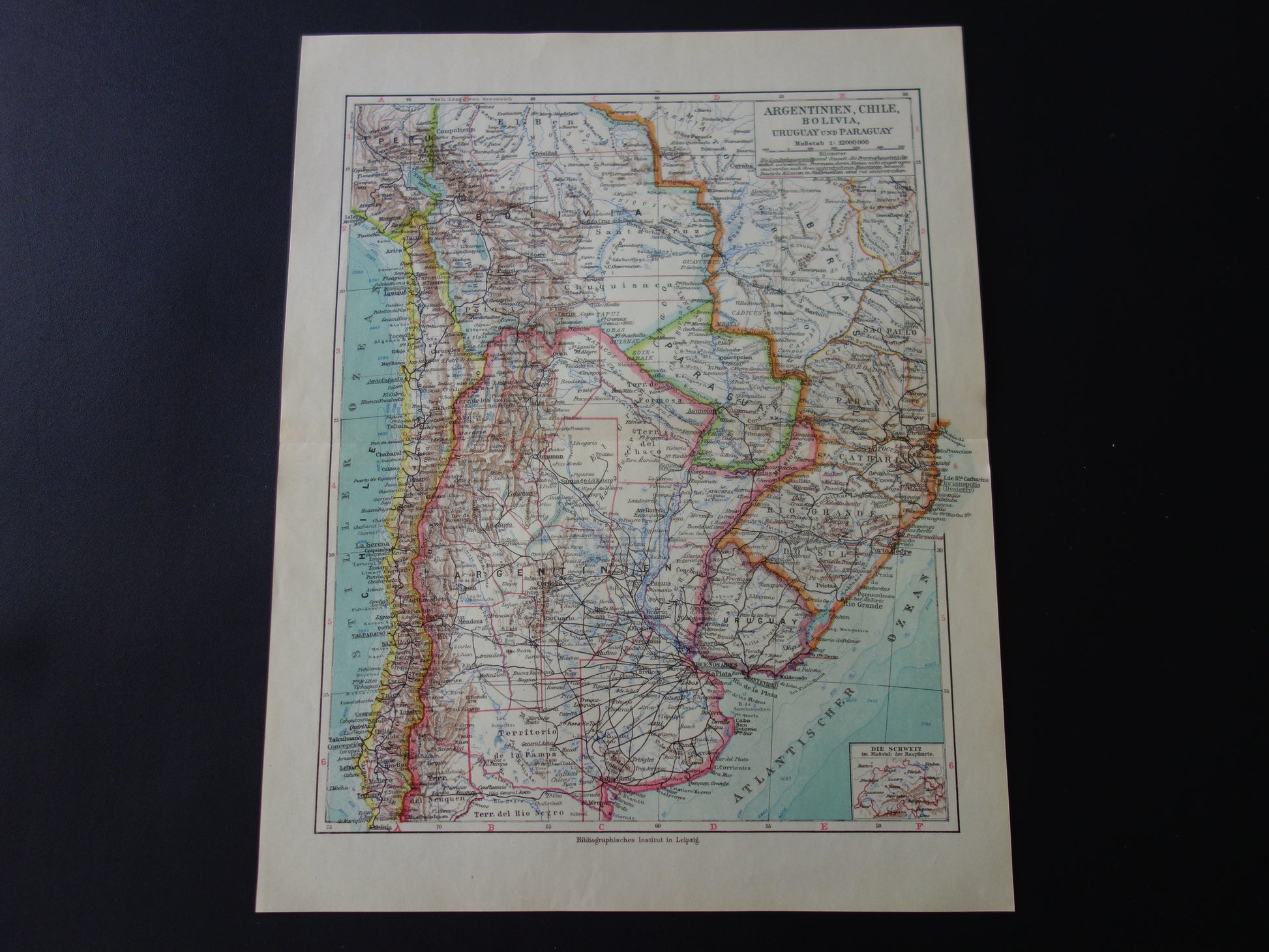 ZUID-AMERIKA oude landkaart van Argentinië Chili Uruguay gedetailleerde vintage kaart uit 1928 Paraguay Bolivia