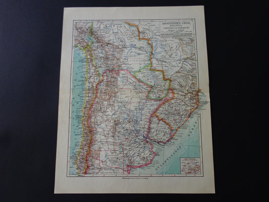ZUID-AMERIKA oude landkaart van Argentinië Chili Uruguay gedetailleerde vintage kaart uit 1928 Paraguay Bolivia