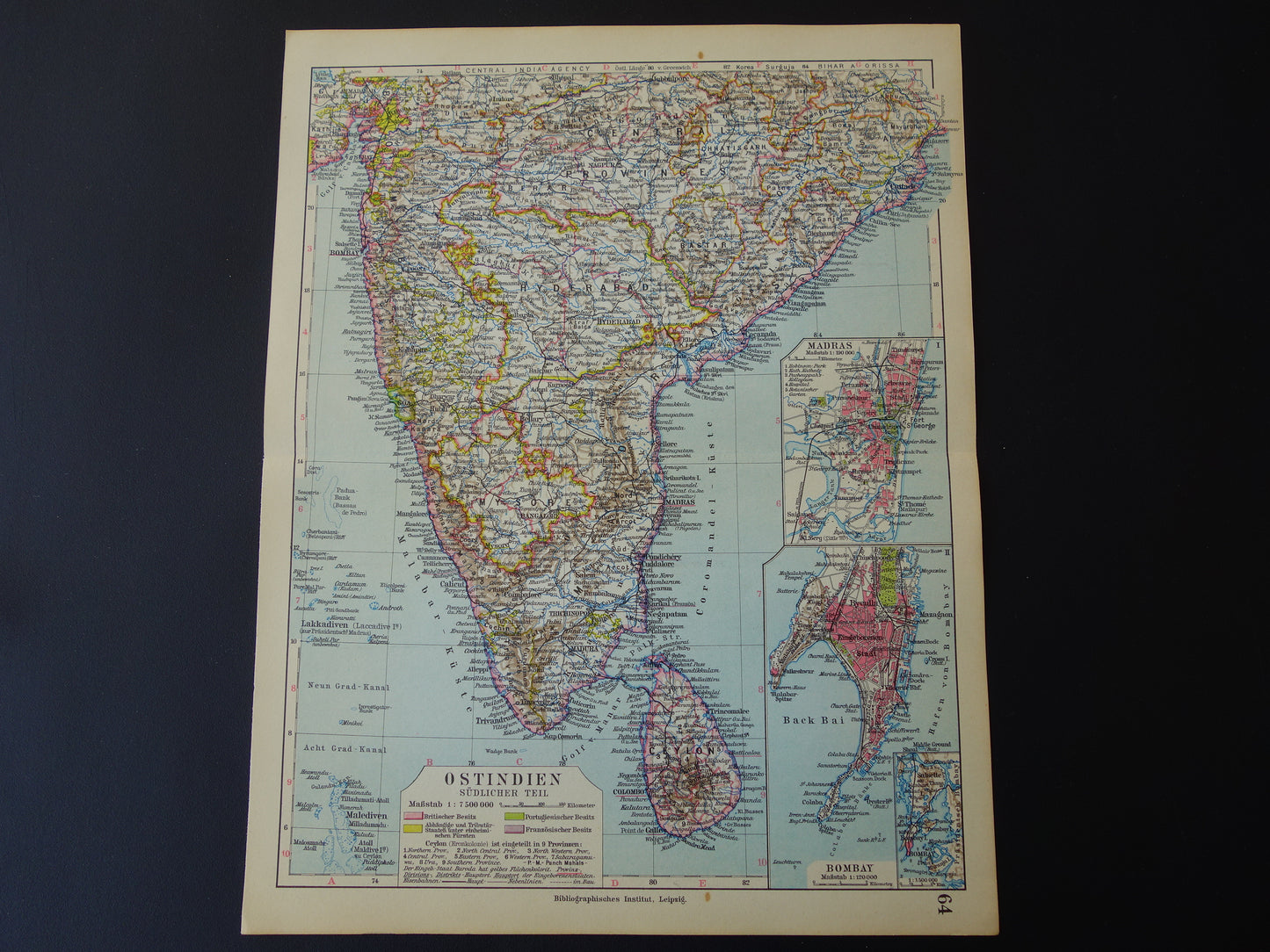 Oude landkaart van India in 1928 originele historische kaart van India met plattegrond Madras Bombay Mumbai