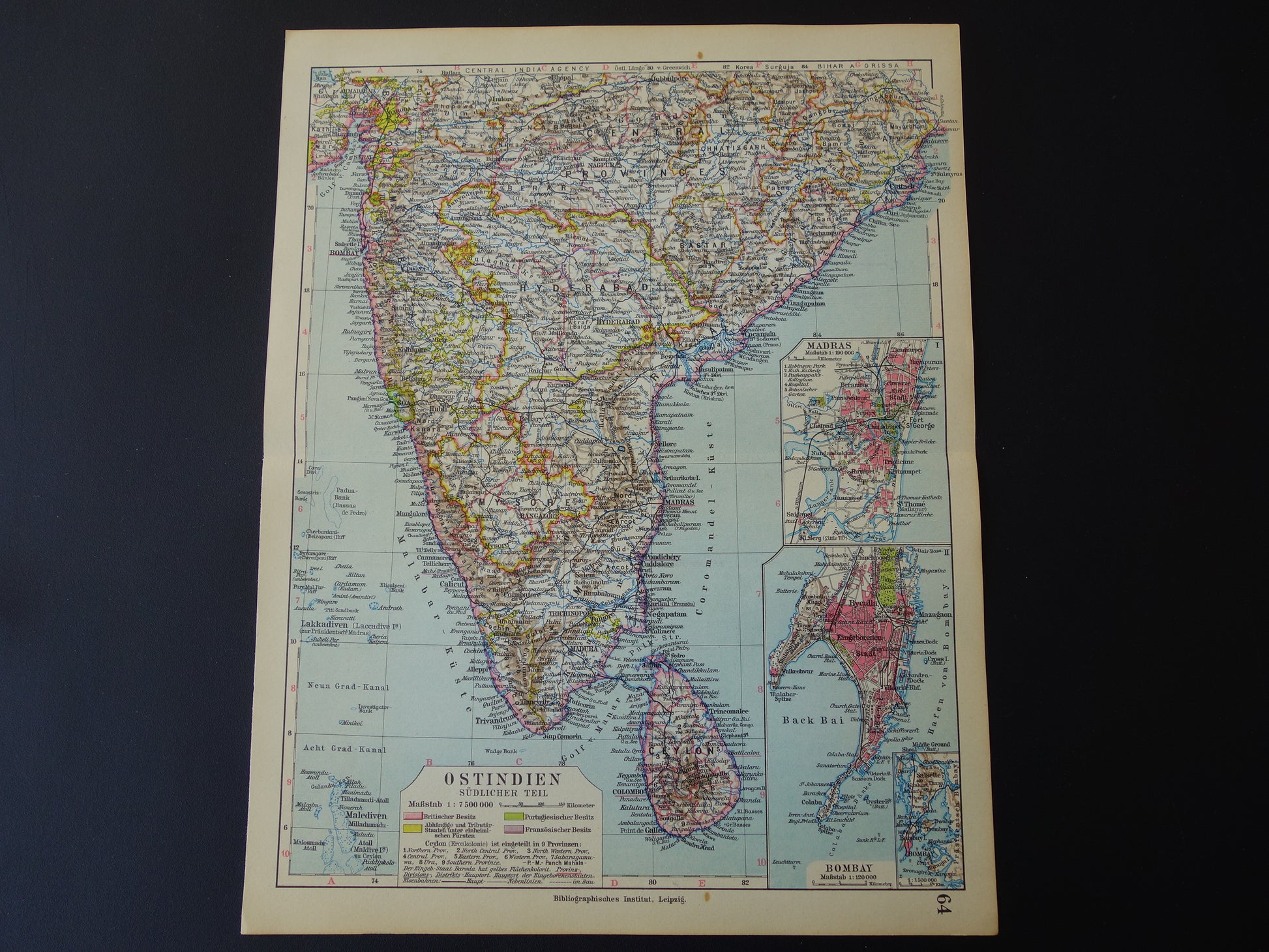 Oude landkaart van India in 1928 originele historische kaart van India met plattegrond Madras Bombay Mumbai
