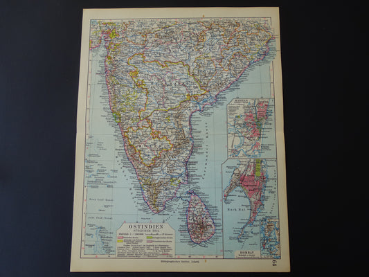 Oude landkaart van India in 1928 originele historische kaart van India met plattegrond Madras Bombay Mumbai