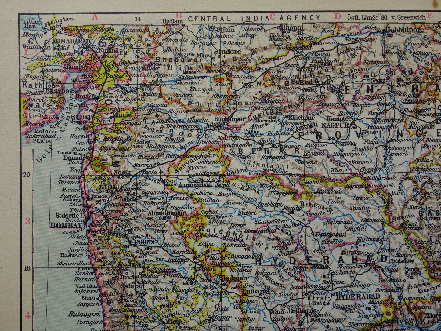 Oude landkaart van India in 1928 originele historische kaart van India met plattegrond Madras Bombay Mumbai