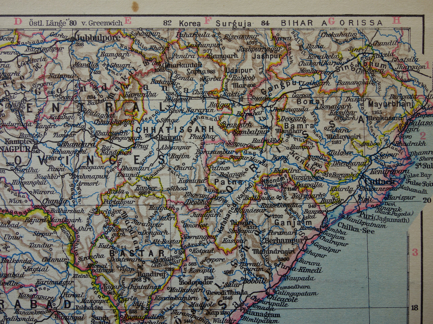 Oude landkaart van India in 1928 originele historische kaart van India met plattegrond Madras Bombay Mumbai