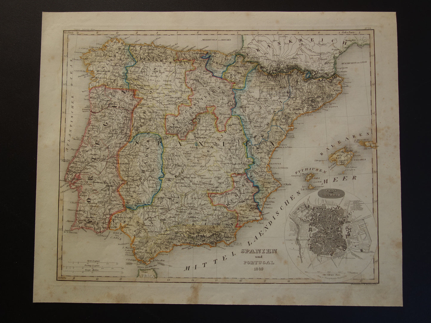 Old map of Spain and Portugal from 1849 original antique map Madrid vintage maps with date