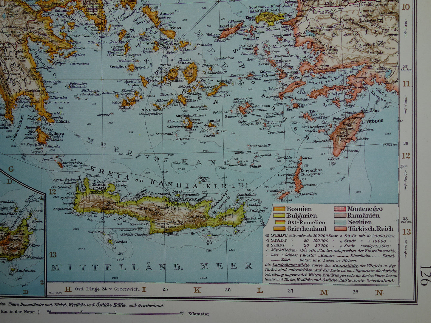 BALKAN oude landkaart van Griekenland Europees Turkije uit 1910 originele antieke historische kaart van Roemenië Bulgarije Servië Bosnië Montenegro Griekenland