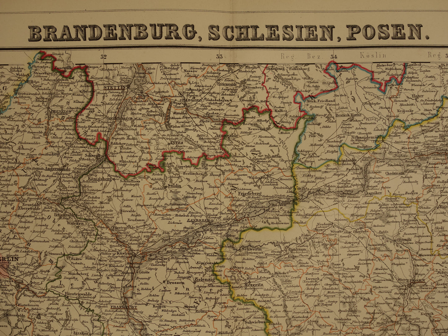 Grote oude kaart van Brandenburg Posen Silezië Originele antieke kaart 1859 Duitsland en Polen Berlijn Wrocław Poznan Dresden