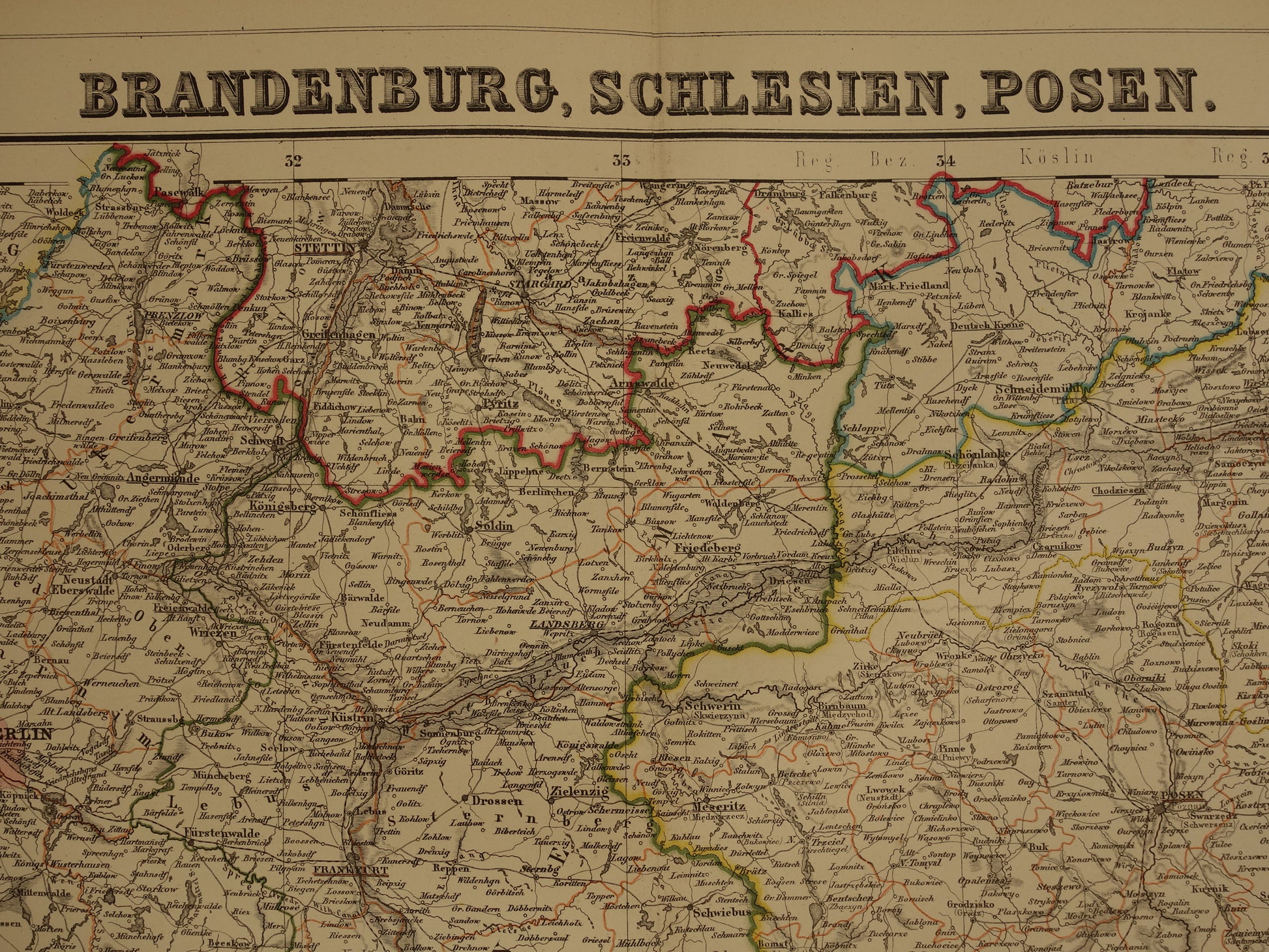 Grote oude kaart van Brandenburg Posen Silezië Originele antieke kaart 1859 Duitsland en Polen Berlijn Wrocław Poznan Dresden