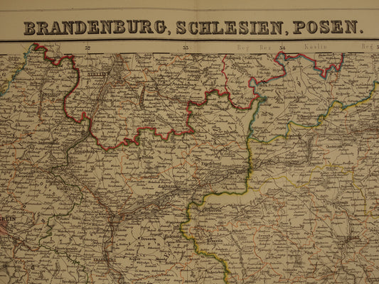 Grote oude kaart van Brandenburg Posen Silezië Originele antieke kaart 1859 Duitsland en Polen Berlijn Wrocław Poznan Dresden