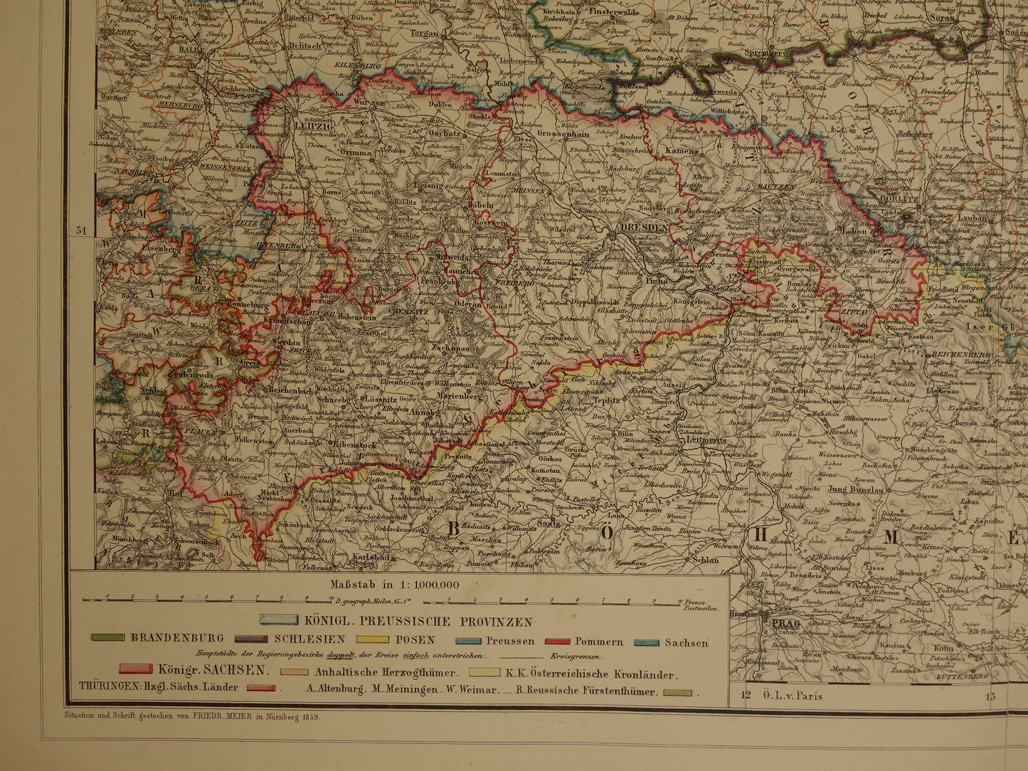 Large old map of Brandenburg Posen Silesia Original antique map 1859 Germany and Poland Berlin Wrocław Poznan Dresden